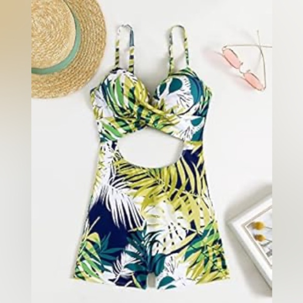 Tropical Green and Blue One Piece Swimsuit with Keyhole Detail